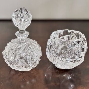Tiffany & Co. Rock Cut Crystal Perfume Bottle & Candle Holder Set